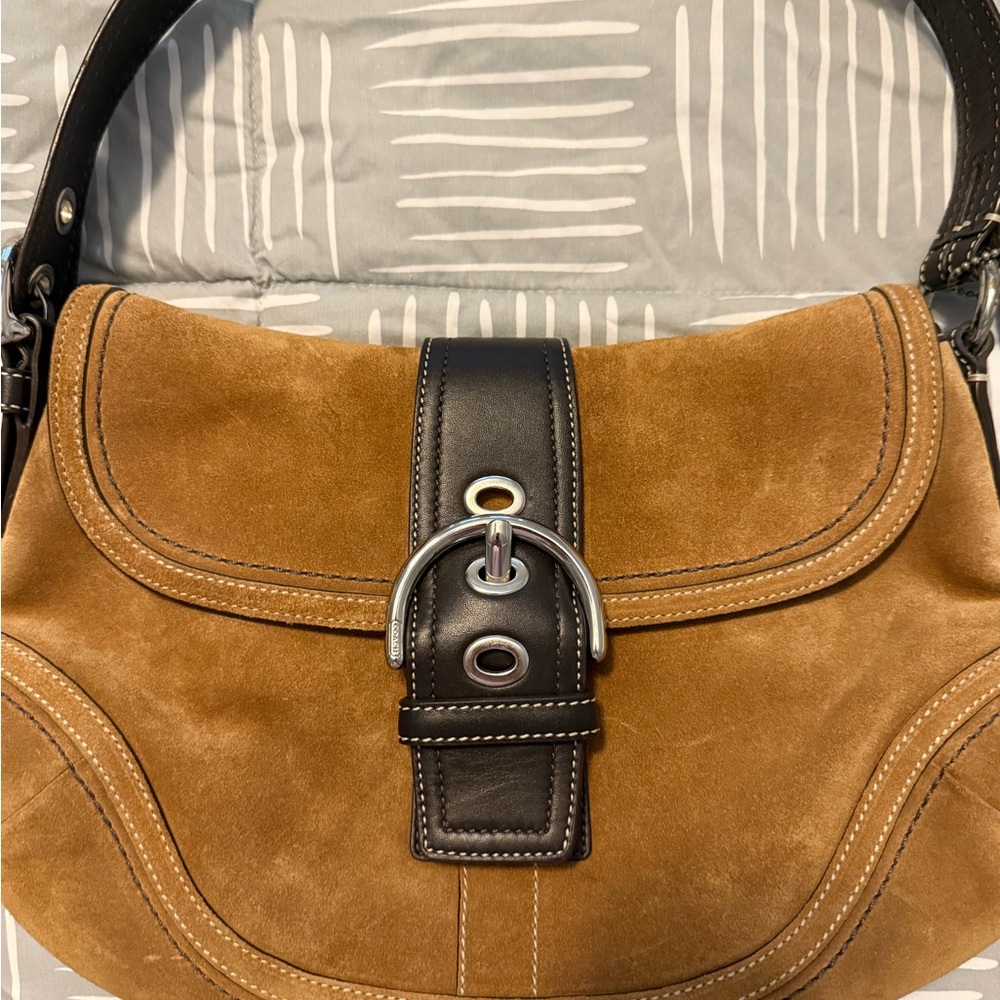 Coach Tan and Black Suede Shoulder Bag